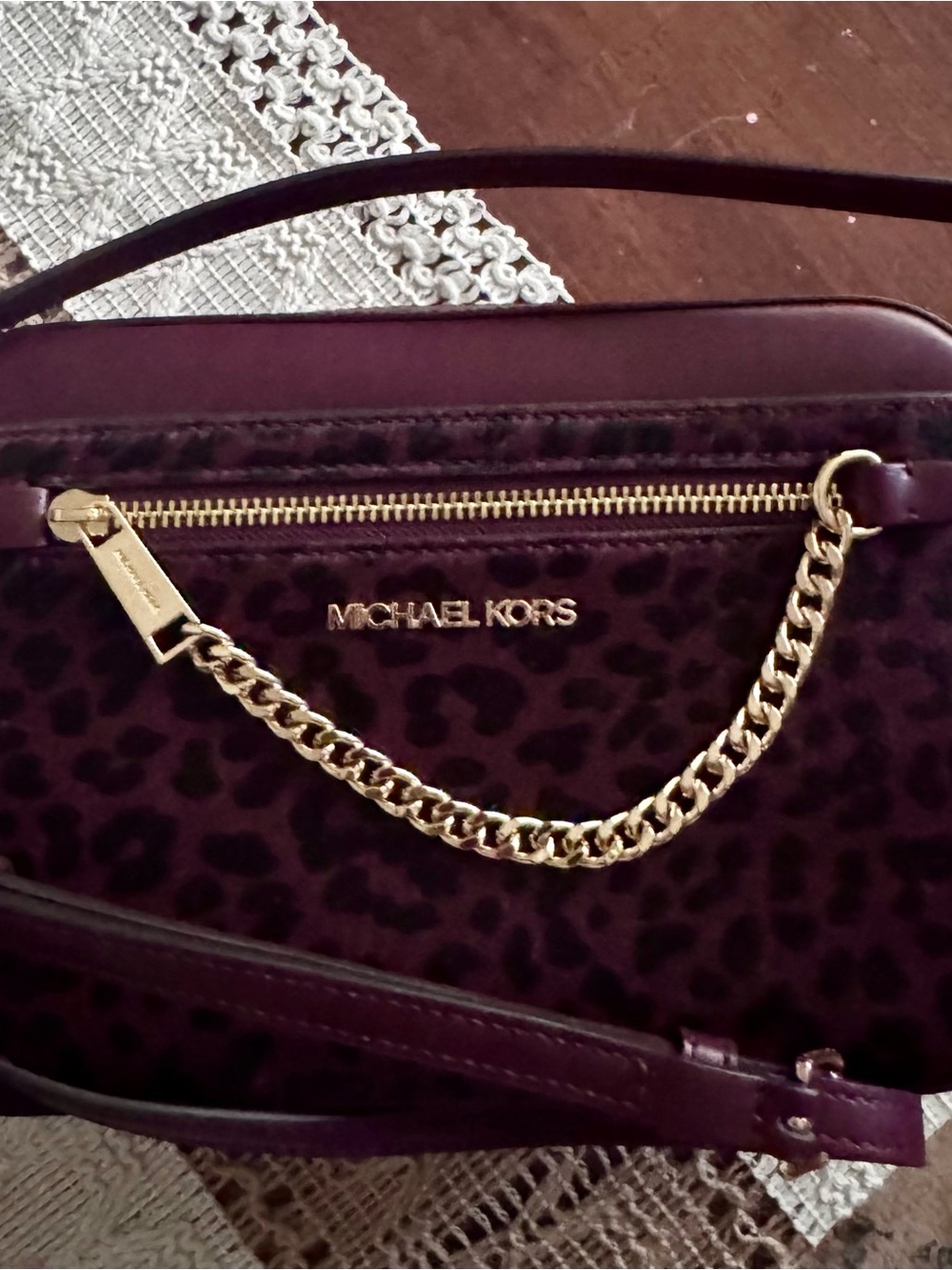 Michael Kors Plum Leopard Crossbody with Gold Chain Accent